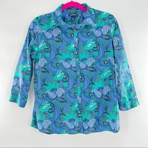 LANDS' END Teal, Blue, Green, Navy Cotton 3/4 Sleeve Paisley Print Shirt Size 10